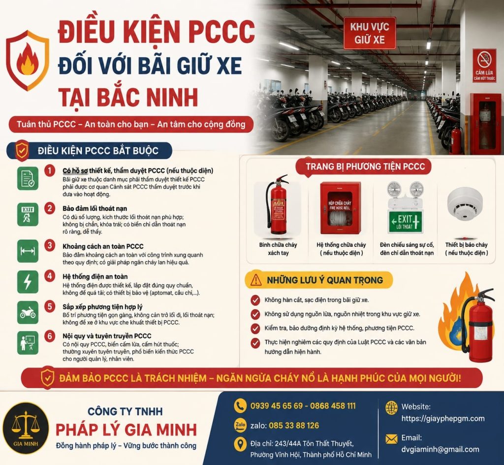 Điều kiện PCCC đối với bãi giữ xe tại Bắc Ninh cần đáp ứng đầy đủ 1 Điều kiện PCCC đối với bãi giữ xe tại Bắc Ninh